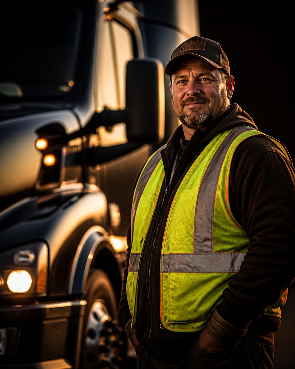 SmartTrucks driver in a high-visibility vest beside his truck